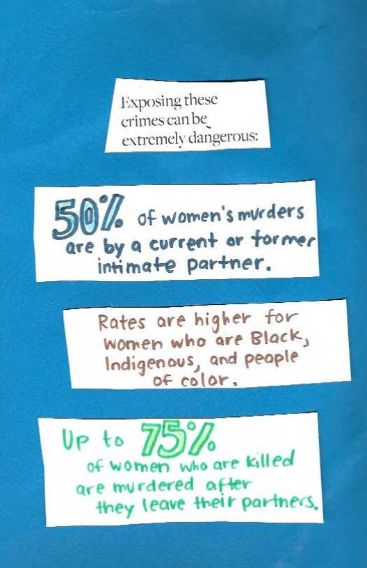 f, of women's murders
‘are by a current or Forever
inmate partner.

Rates are higher for
Women who aré Black,
Indigenous, and peaple
es OF color. .

°
ve to Tipp
of Women who are killed!
are murdered after
Hey (eave thelr partnecs,

 
